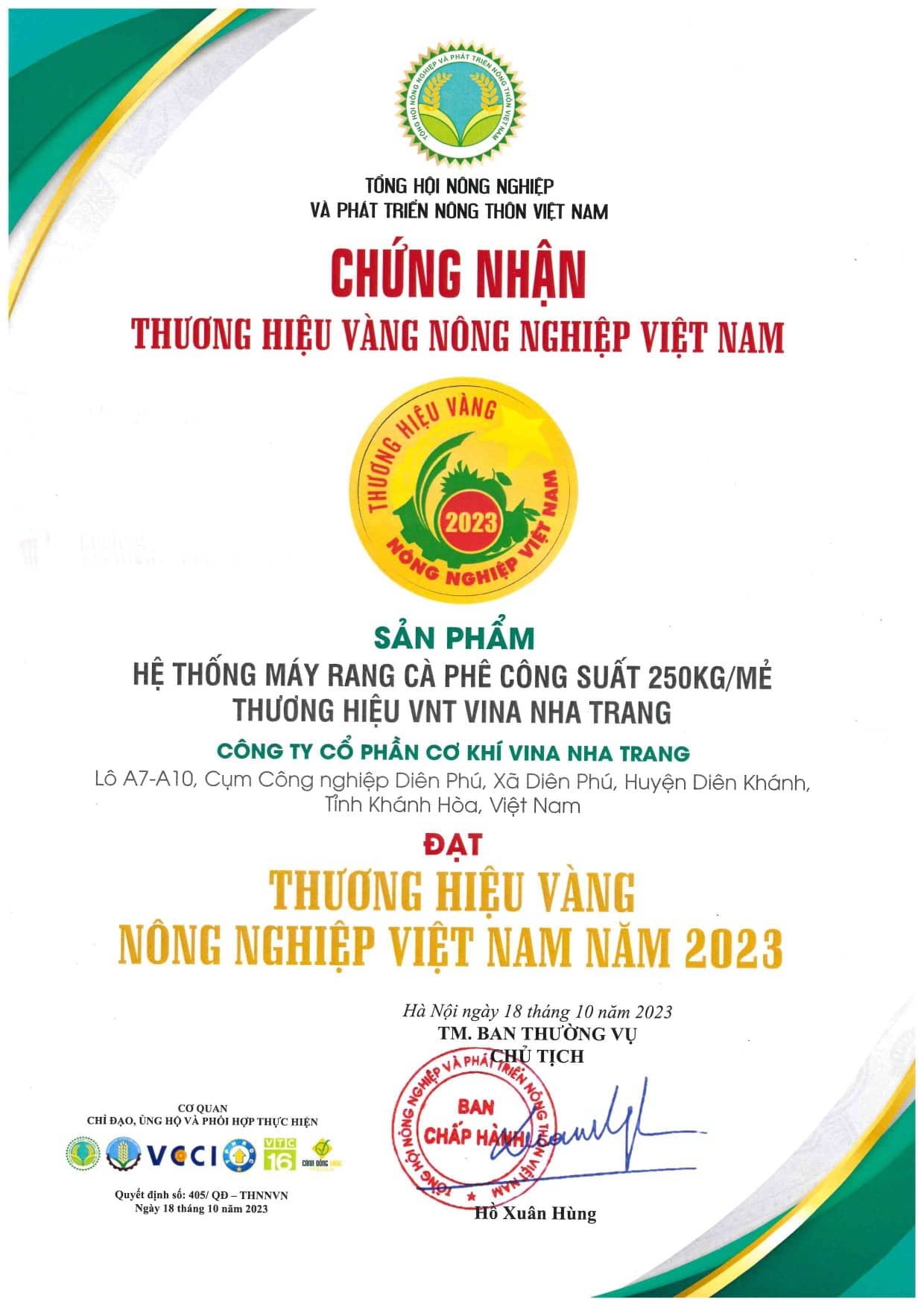 VNT's Vietnam Golden Agriculture Brand Certification - By Vietnam Farmers' Union and Rural Development