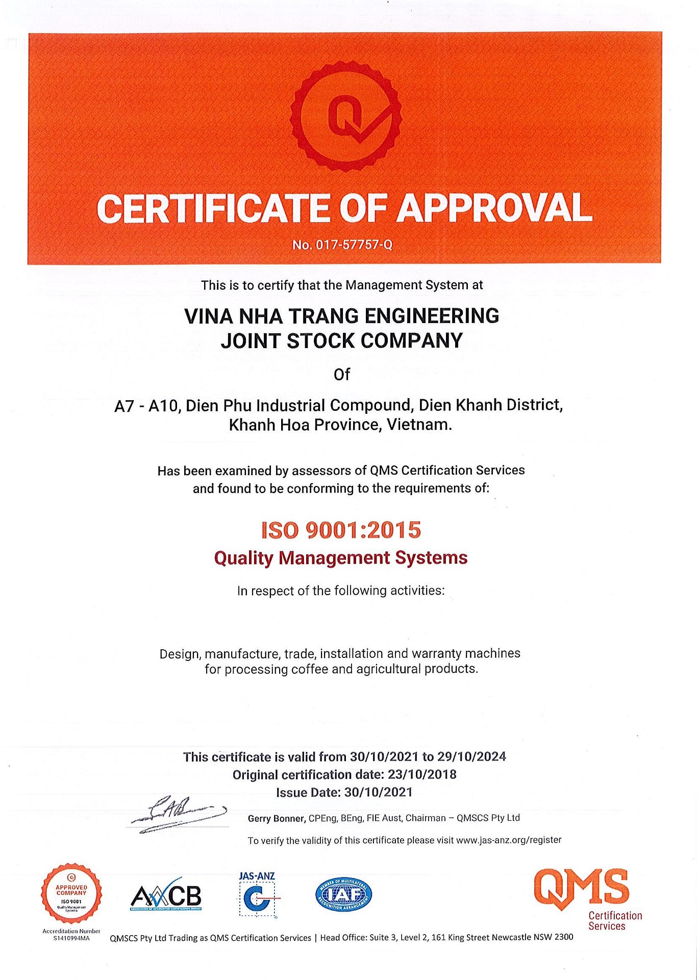 VNT's ISO 9001:2015 - in Design, manufacture, trade, installation, and warranty machines for processing coffee and agricultural products